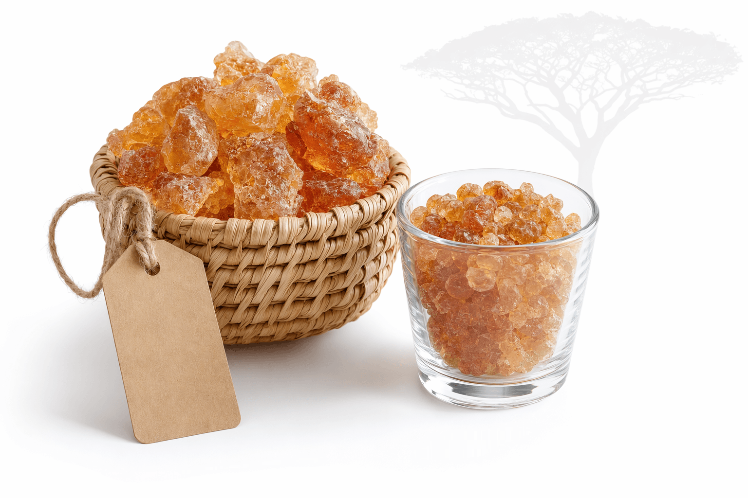 Gomme d'acacia premium ZephyraBio — panier traditionnel et verre de gomme arabique du Sénégal
